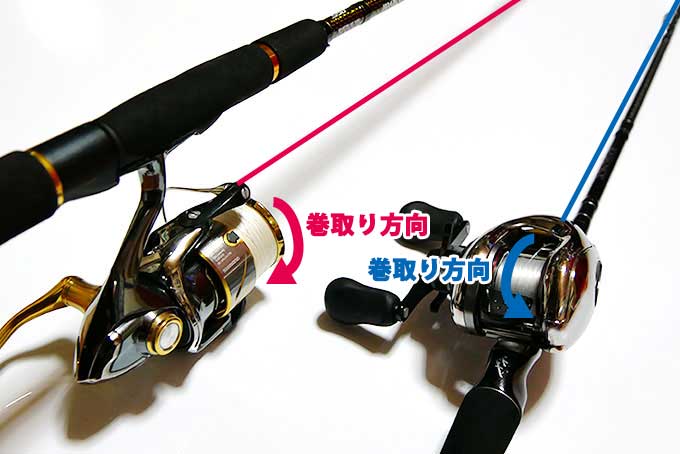 ベイトリールとスピニングリールの巻取り方向